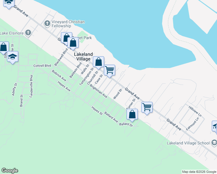 map of restaurants, bars, coffee shops, grocery stores, and more near 33108 Lorimer Street in Lake Elsinore