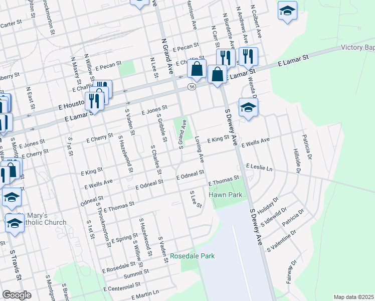 map of restaurants, bars, coffee shops, grocery stores, and more near 1406 East King Street in Sherman