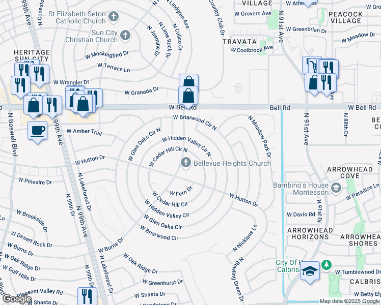 map of restaurants, bars, coffee shops, grocery stores, and more near 9421 W Cedar Hill Circle North in Sun City