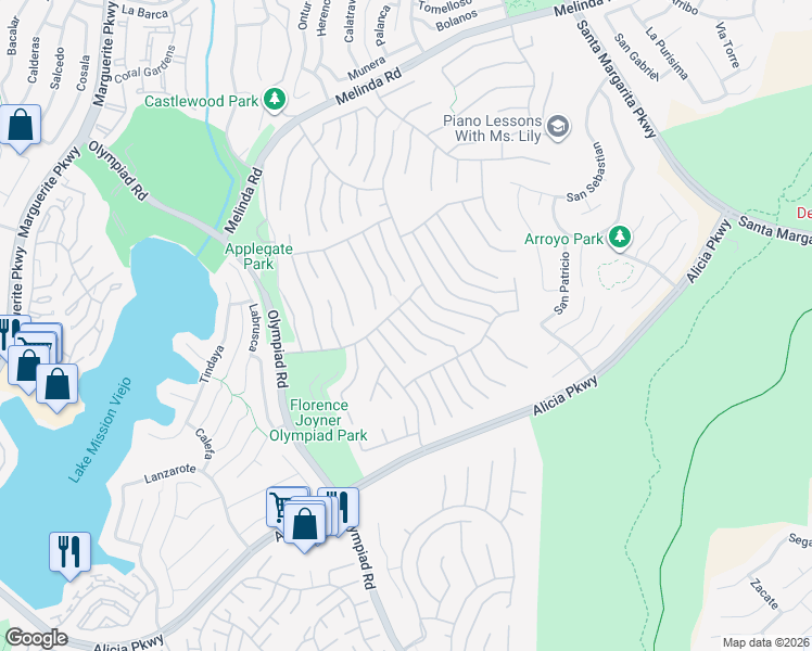 map of restaurants, bars, coffee shops, grocery stores, and more near 22541 Wakefield in Mission Viejo