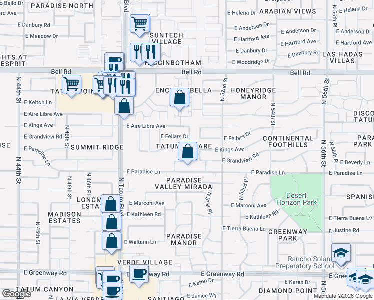 map of restaurants, bars, coffee shops, grocery stores, and more near 16233 North 50th Street in Scottsdale