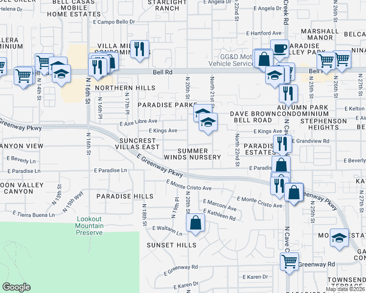 map of restaurants, bars, coffee shops, grocery stores, and more near 1953 East Grandview Road in Phoenix