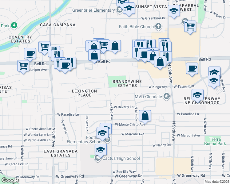 map of restaurants, bars, coffee shops, grocery stores, and more near 6260 West Grandview Road in Glendale