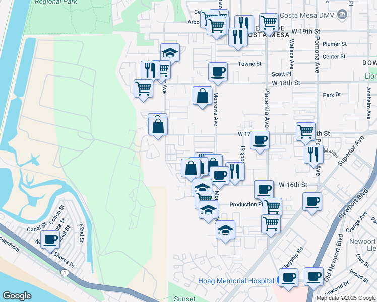 map of restaurants, bars, coffee shops, grocery stores, and more near 1044 Hampton Drive in Costa Mesa