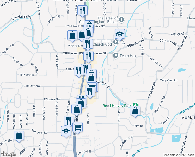 map of restaurants, bars, coffee shops, grocery stores, and more near 1805 Polly Reed Court in Center Point