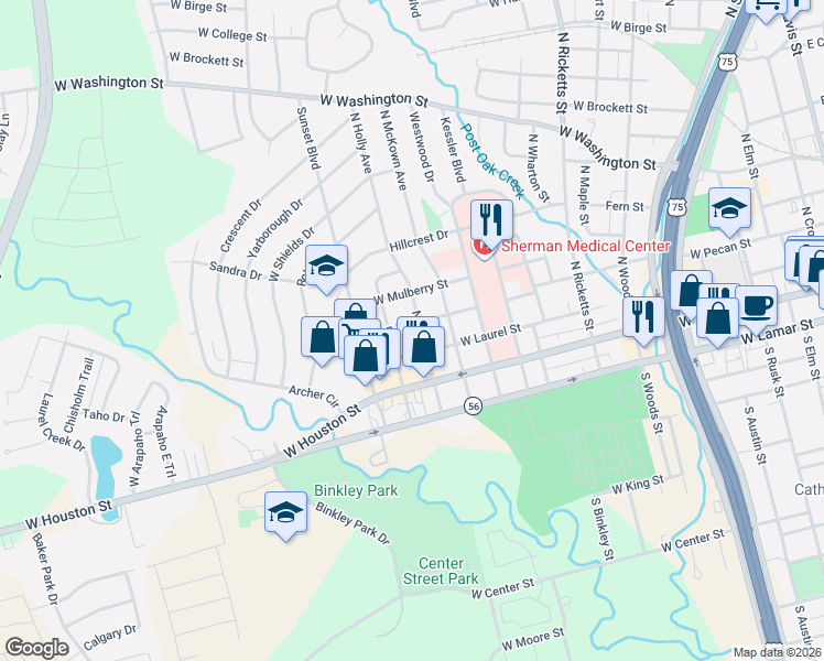 map of restaurants, bars, coffee shops, grocery stores, and more near 209 Tolbert Avenue in Sherman