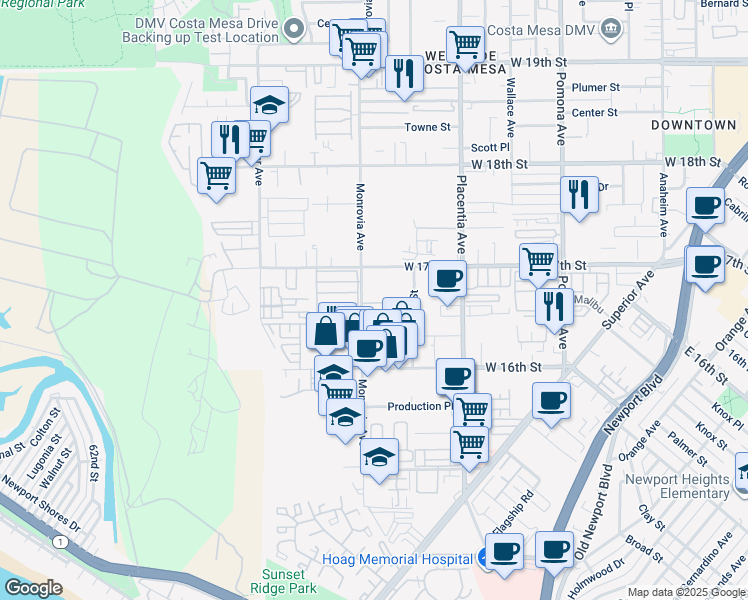 map of restaurants, bars, coffee shops, grocery stores, and more near 1650 Monrovia Avenue in Costa Mesa