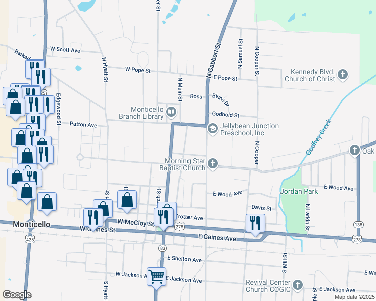 map of restaurants, bars, coffee shops, grocery stores, and more near 121 East Oakland Avenue in Monticello