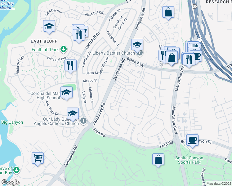 map of restaurants, bars, coffee shops, grocery stores, and more near 3 Sawgrass Drive in Newport Beach