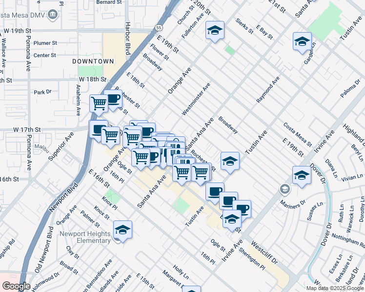 map of restaurants, bars, coffee shops, grocery stores, and more near 1765 Santa Ana Avenue in Costa Mesa