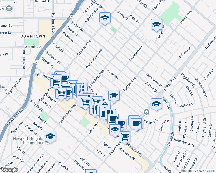 map of restaurants, bars, coffee shops, grocery stores, and more near 348 East 18th Street in Costa Mesa