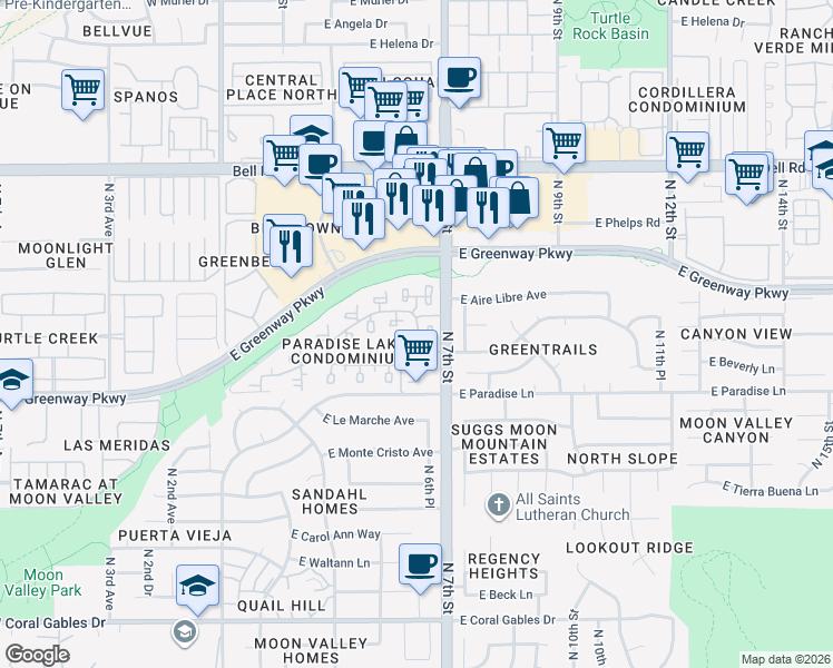 map of restaurants, bars, coffee shops, grocery stores, and more near 16220 North 7th Street in Phoenix