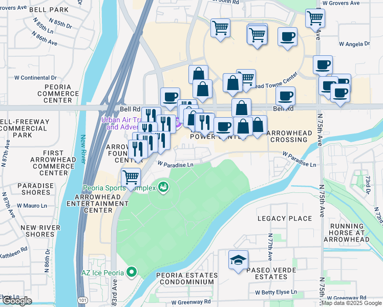 map of restaurants, bars, coffee shops, grocery stores, and more near 8092 West Paradise Lane in Peoria