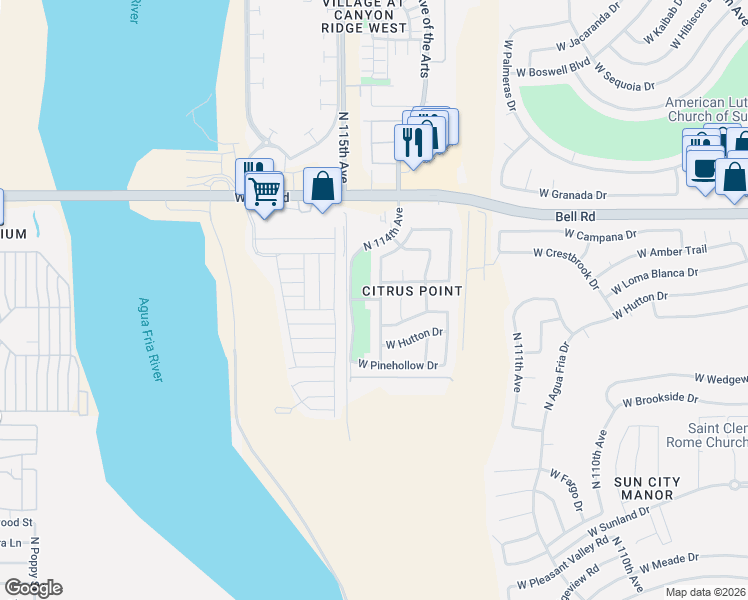 map of restaurants, bars, coffee shops, grocery stores, and more near 16542 North 114th Drive in Surprise