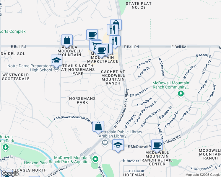 map of restaurants, bars, coffee shops, grocery stores, and more near 16420 East Paradise Lane in Scottsdale