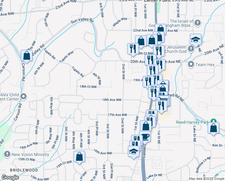 map of restaurants, bars, coffee shops, grocery stores, and more near 212 18th Avenue Northwest in Center Point