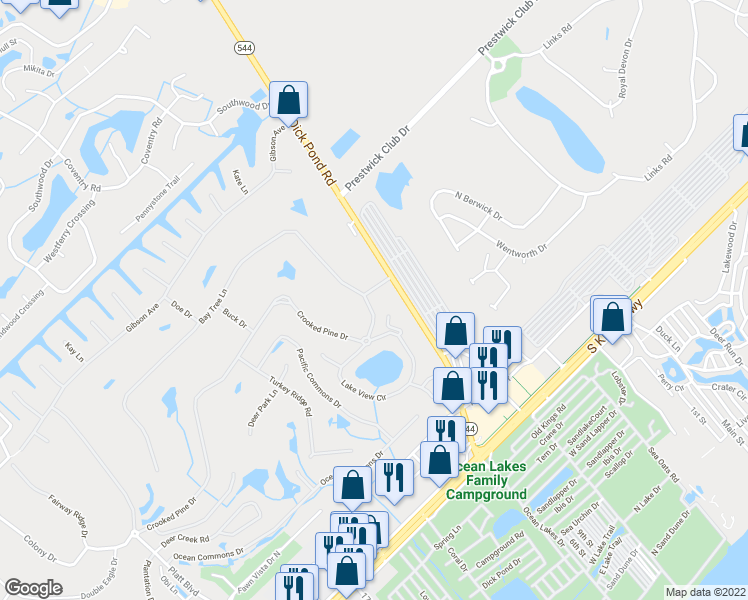 map of restaurants, bars, coffee shops, grocery stores, and more near 1877 Crooked Pine Drive in Myrtle Beach