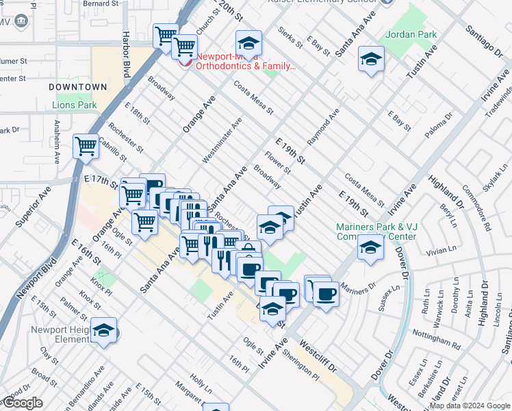 map of restaurants, bars, coffee shops, grocery stores, and more near 348 East 18th Street in Costa Mesa
