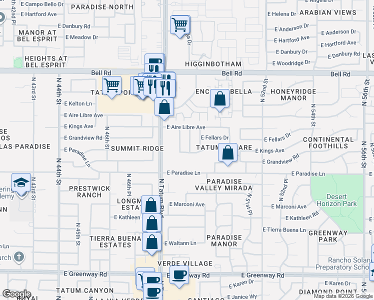 map of restaurants, bars, coffee shops, grocery stores, and more near 4907 East Kings Avenue in Phoenix