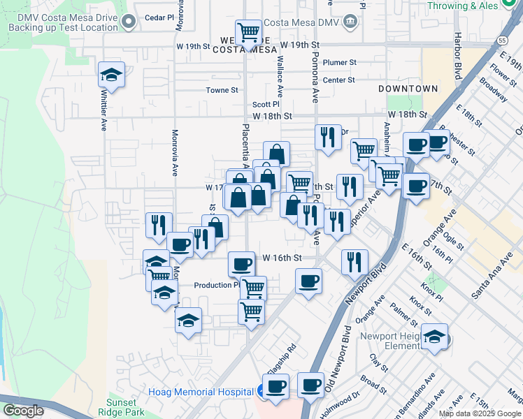 map of restaurants, bars, coffee shops, grocery stores, and more near 789 Windward Way in Costa Mesa