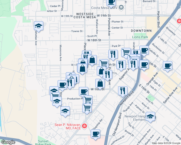 map of restaurants, bars, coffee shops, grocery stores, and more near 789 Windward Way in Costa Mesa