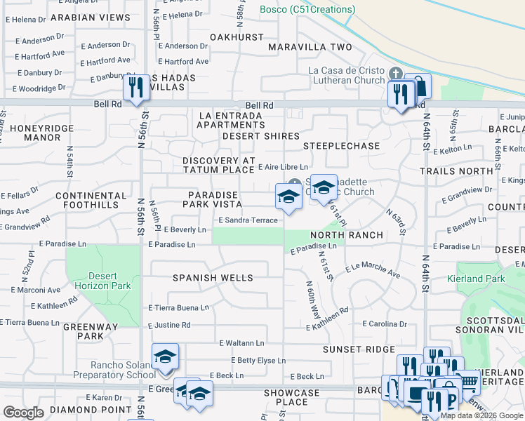 map of restaurants, bars, coffee shops, grocery stores, and more near 5934 East Sandra Terrace in Scottsdale