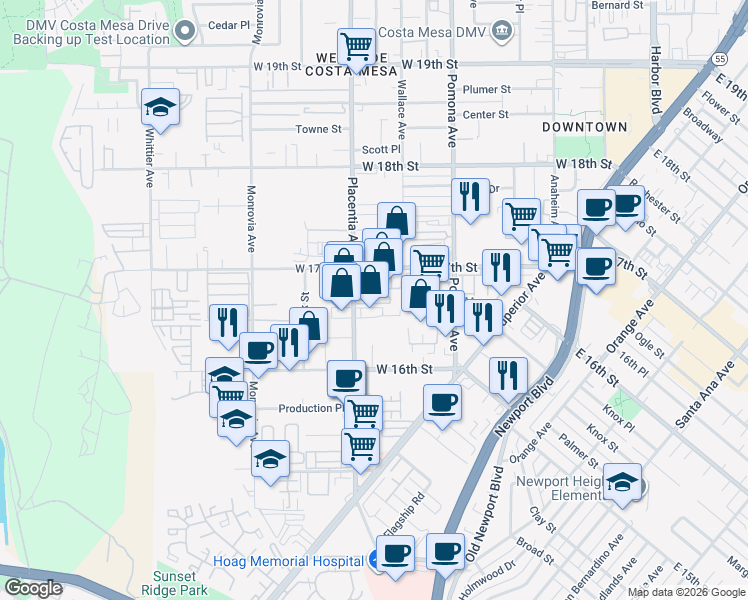 map of restaurants, bars, coffee shops, grocery stores, and more near 1672 Placentia Avenue in Costa Mesa