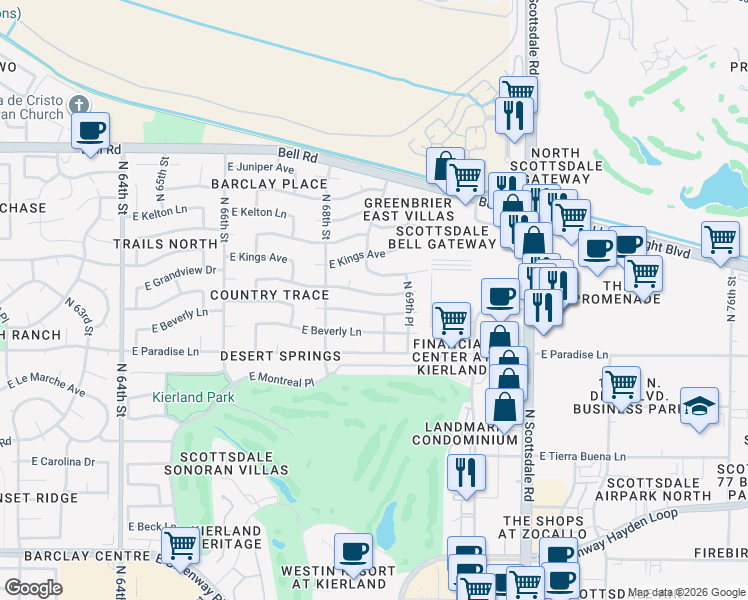 map of restaurants, bars, coffee shops, grocery stores, and more near 6908 East Sandra Terrace in Scottsdale