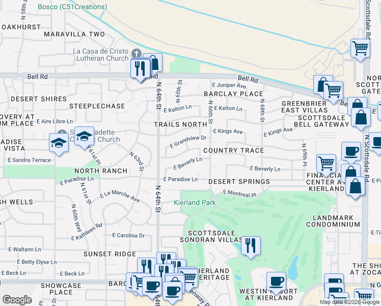 map of restaurants, bars, coffee shops, grocery stores, and more near 6452 East Beverly Lane in Scottsdale
