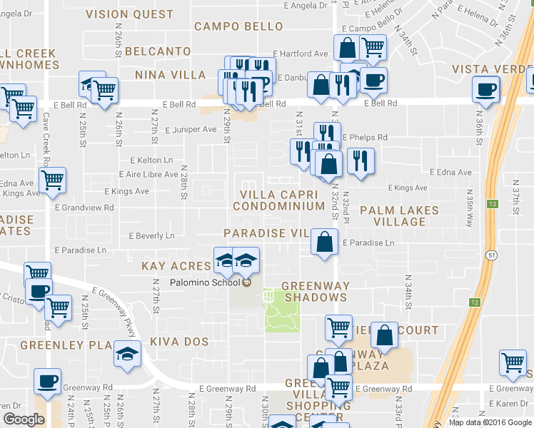 map of restaurants, bars, coffee shops, grocery stores, and more near 3050 Scully Drive in Phoenix