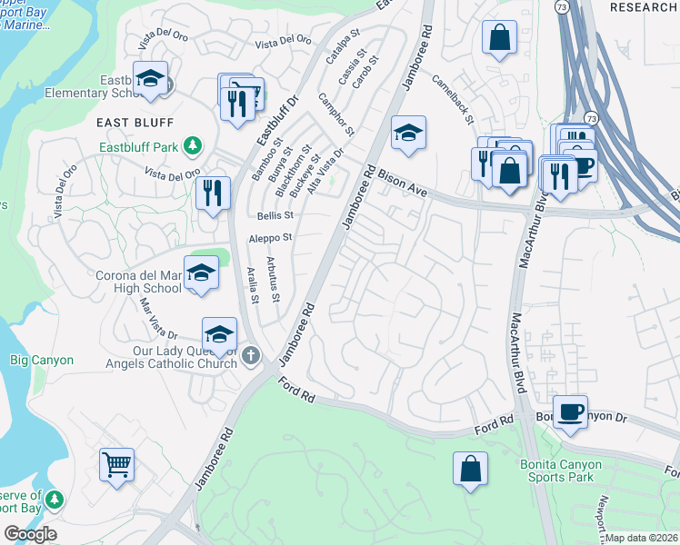 map of restaurants, bars, coffee shops, grocery stores, and more near 6 Turtle Bay Drive in Newport Beach
