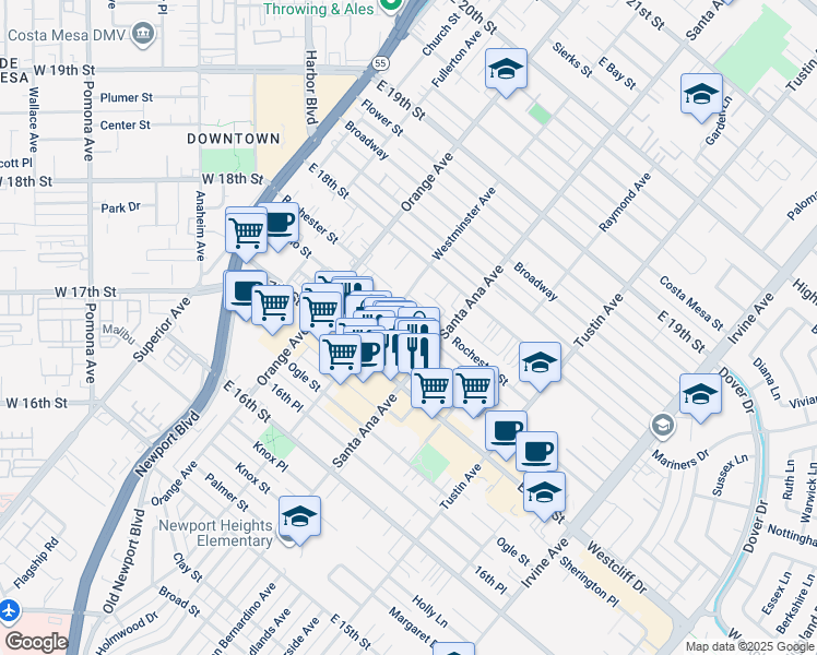 map of restaurants, bars, coffee shops, grocery stores, and more near 283 Cabrillo Street in Costa Mesa