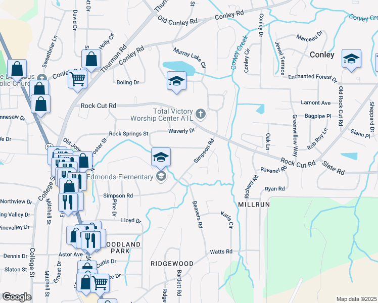 map of restaurants, bars, coffee shops, grocery stores, and more near 1303 Rocksprings Street in Forest Park