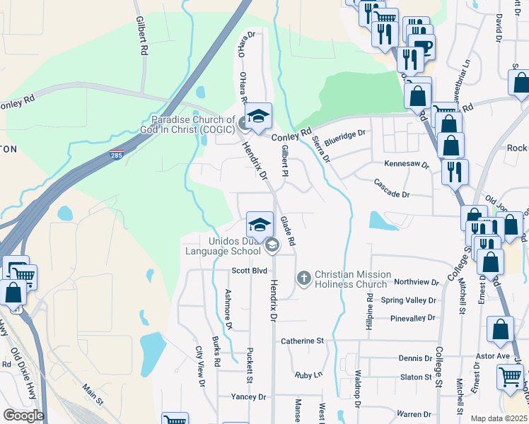 map of restaurants, bars, coffee shops, grocery stores, and more near 589 Evergreen Terrace in Forest Park