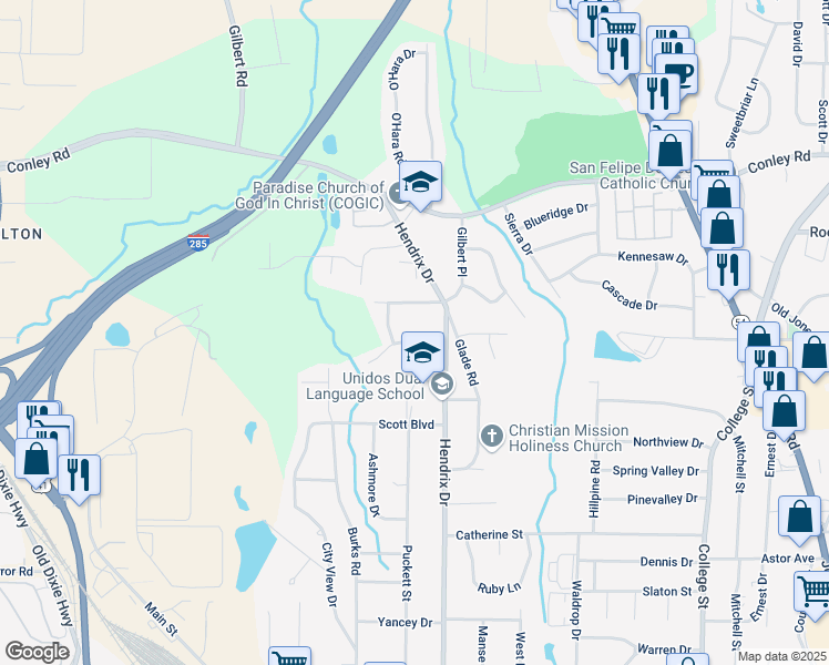 map of restaurants, bars, coffee shops, grocery stores, and more near 539 Evergreen Terrace in Forest Park