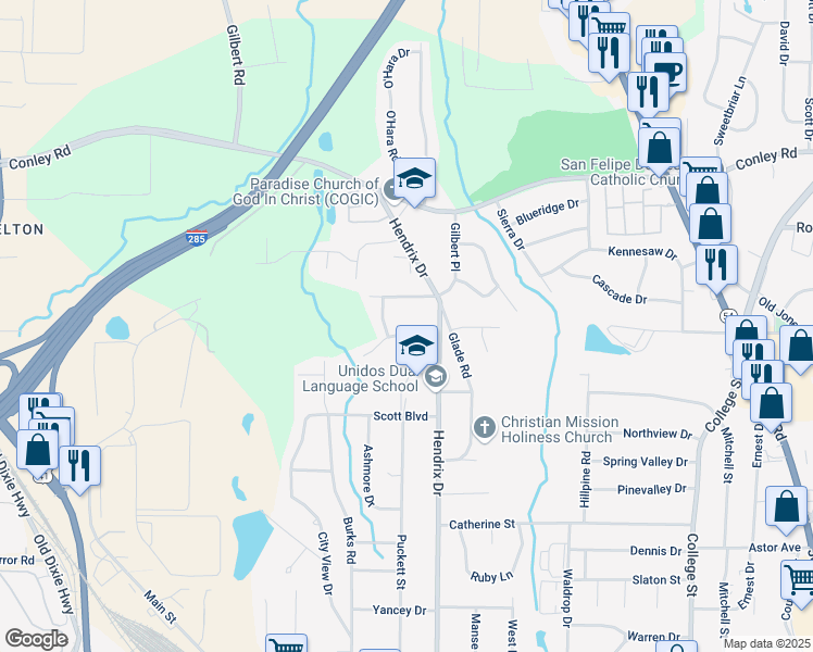 map of restaurants, bars, coffee shops, grocery stores, and more near 539 Evergreen Terrace in Forest Park
