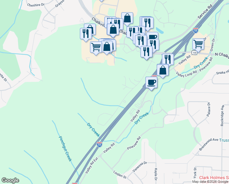 map of restaurants, bars, coffee shops, grocery stores, and more near 5840 Service Road in Birmingham