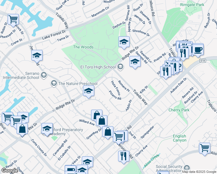 map of restaurants, bars, coffee shops, grocery stores, and more near 25141 Pizarro Road in Lake Forest