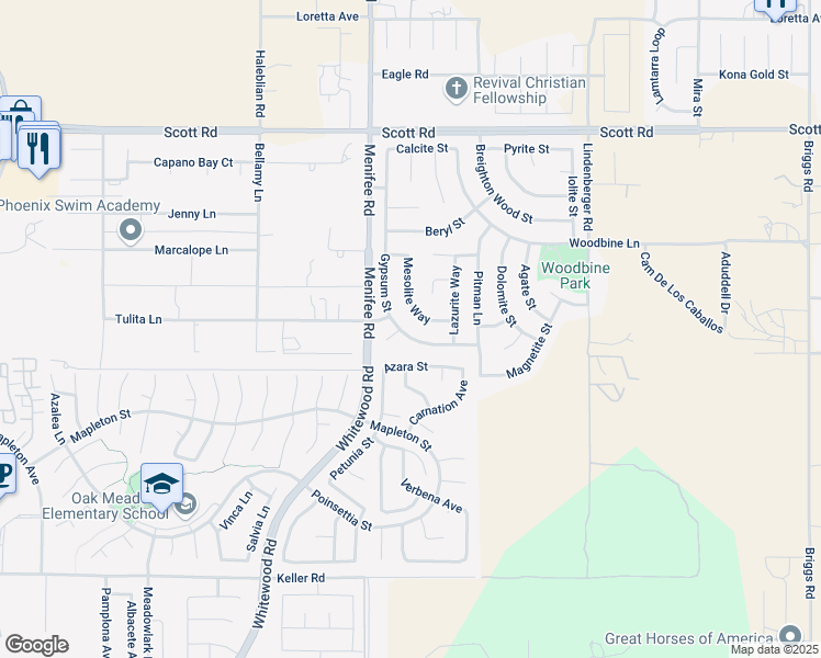 map of restaurants, bars, coffee shops, grocery stores, and more near 33372 Gypsum Street in Menifee