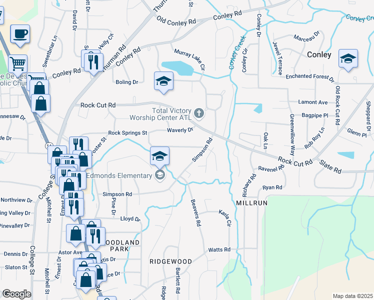 map of restaurants, bars, coffee shops, grocery stores, and more near 1303 Rocksprings Street in Forest Park