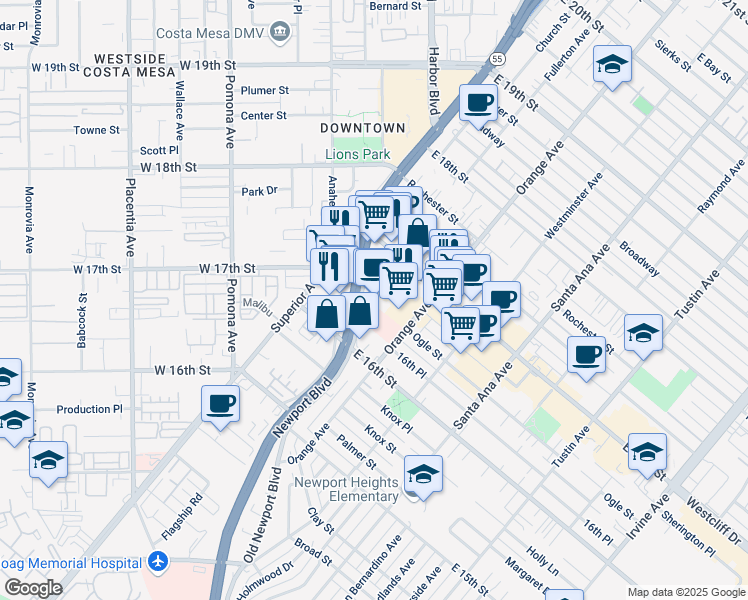 map of restaurants, bars, coffee shops, grocery stores, and more near 1648 Newport Boulevard in Costa Mesa