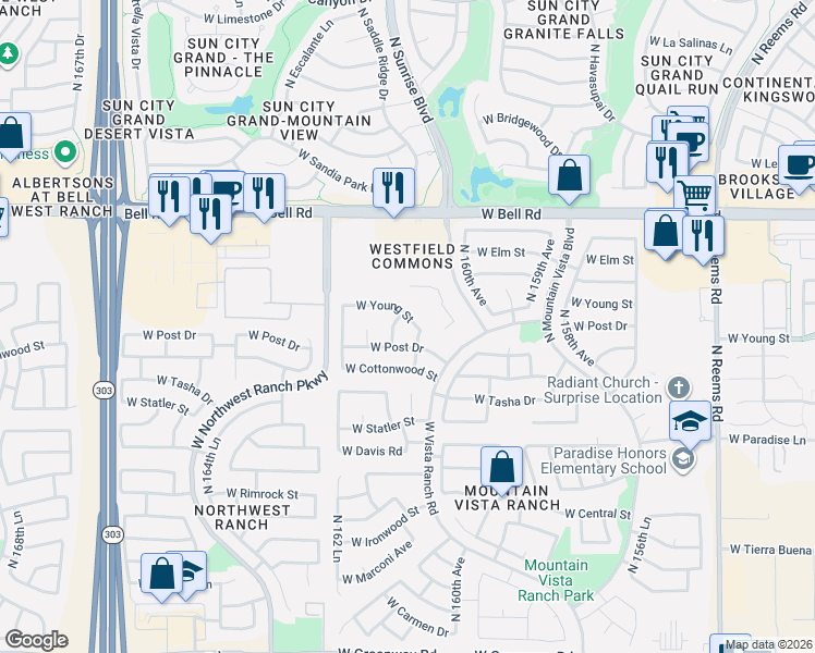 map of restaurants, bars, coffee shops, grocery stores, and more near 16116 West Post Drive in Surprise