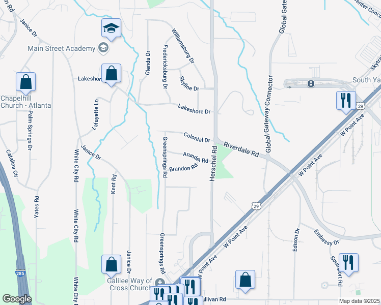 map of restaurants, bars, coffee shops, grocery stores, and more near 2594 Arundel Road in College Park
