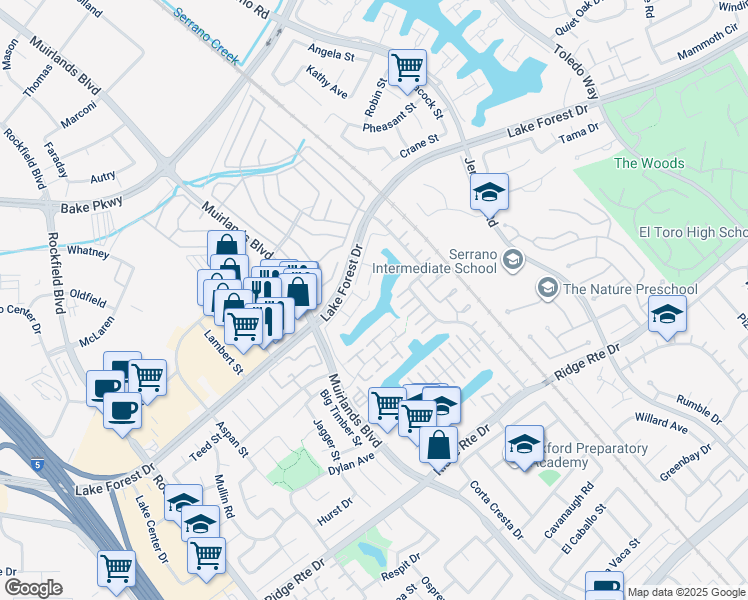 map of restaurants, bars, coffee shops, grocery stores, and more near 22576 Lake Forest Lane in Lake Forest