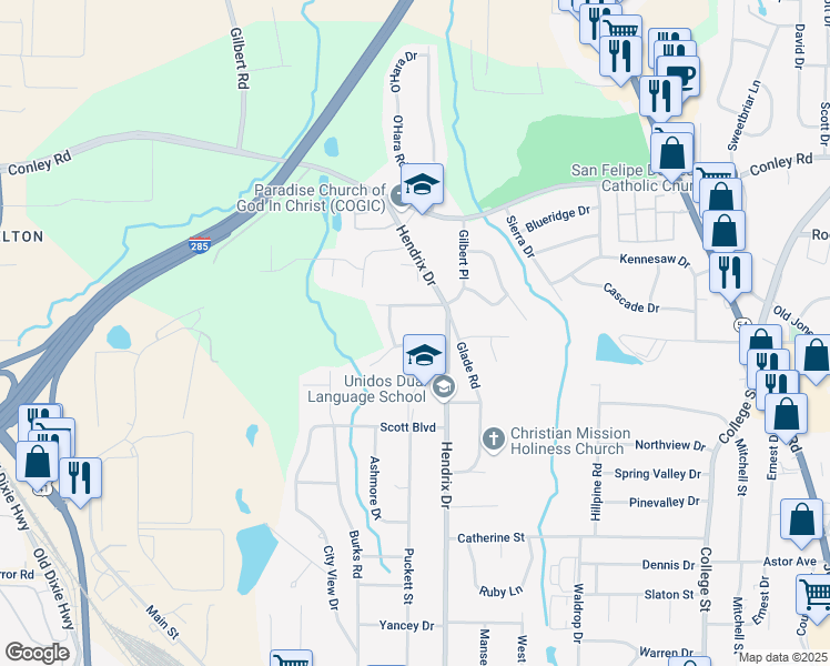 map of restaurants, bars, coffee shops, grocery stores, and more near 539 Evergreen Terrace in Forest Park
