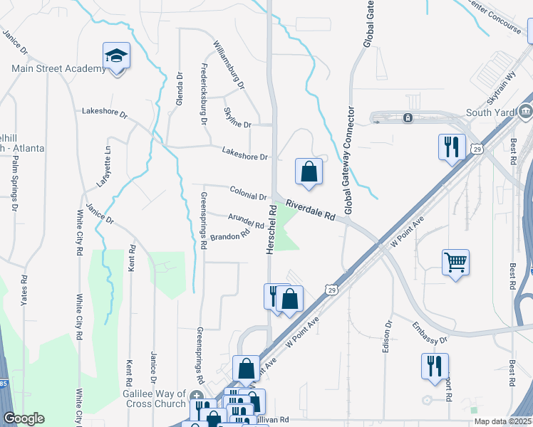 map of restaurants, bars, coffee shops, grocery stores, and more near 2561 Arundel Road in College Park