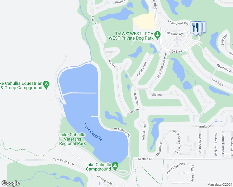 map of restaurants, bars, coffee shops, grocery stores, and more near 56989 Merion in La Quinta