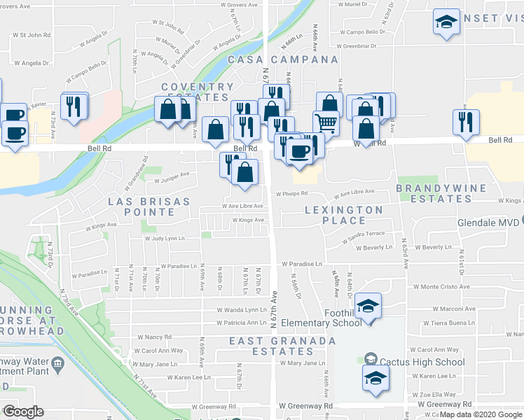map of restaurants, bars, coffee shops, grocery stores, and more near 6705 West Aire Libre Avenue in Peoria