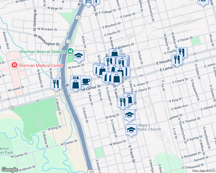 map of restaurants, bars, coffee shops, grocery stores, and more near 118 West Lamar Street in Sherman