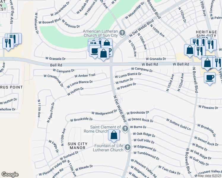 map of restaurants, bars, coffee shops, grocery stores, and more near 10705 West Pineaire Drive in Sun City